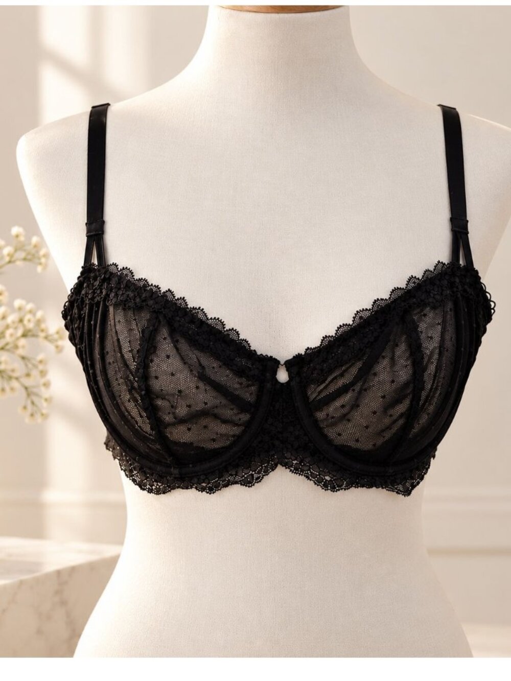 Victorias Secret Dream Angels Bra 38C Black Lace Sheer Underwire Push Up